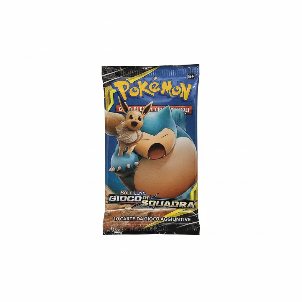 Pacchetto Singolo Pokémon Sole e Luna Gioco di Squadra – art Snorlax & Eevee sfondo bianco