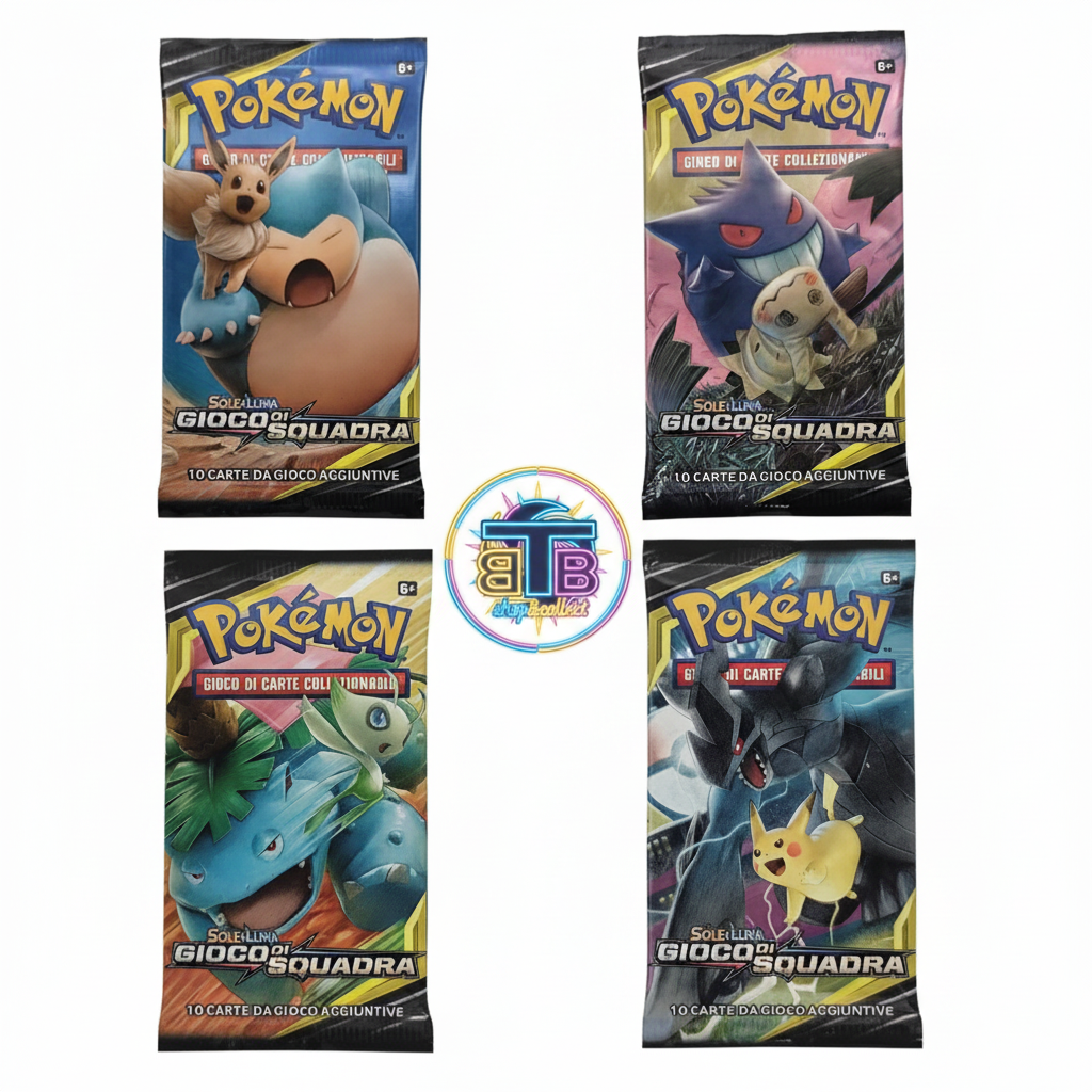 Set Artwork Pokémon Sole e Luna Gioco di Squadra – 4 buste con logo BTB