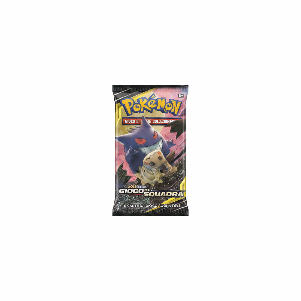 Pacchetto Singolo Pokémon Sole e Luna Gioco di Squadra – art Gengar & Mimikyu sfondo bianco